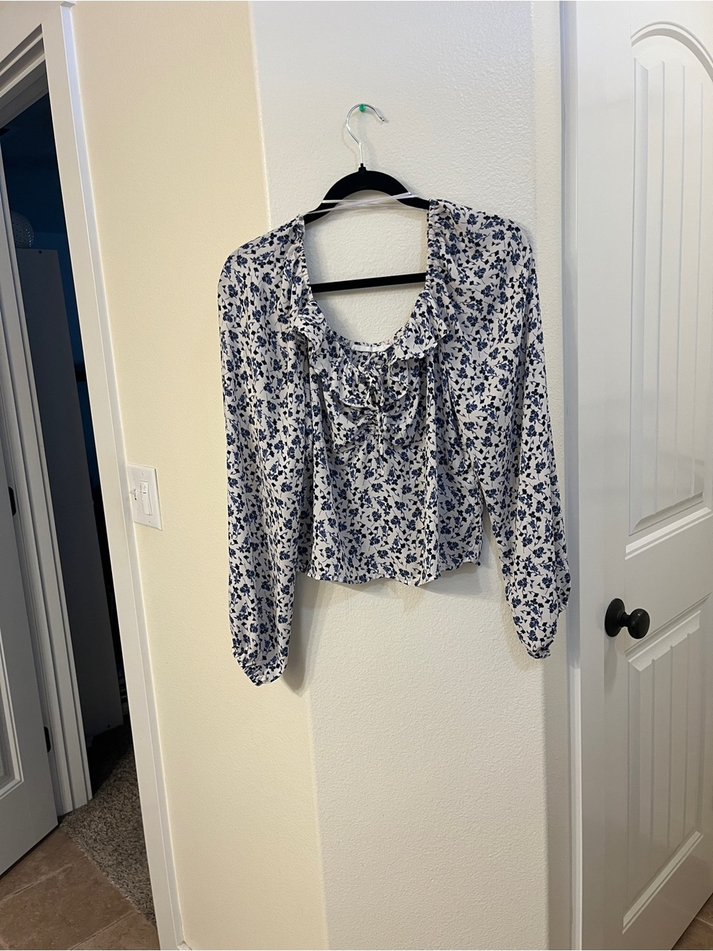 Lush Blue Floral Ruffle-Neck Blouse